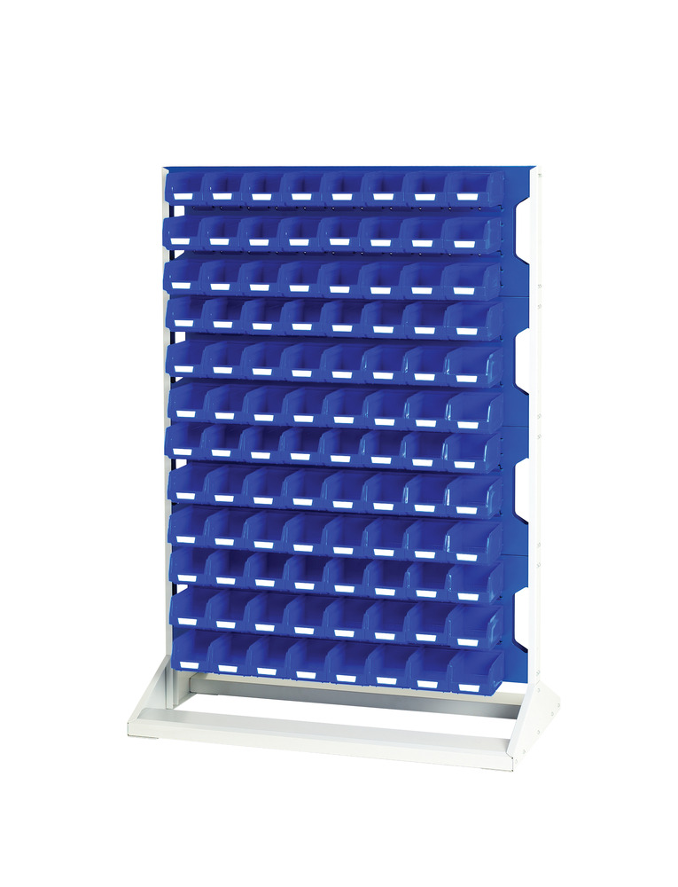 Rack à Bacs Fixe Simple Face & Bacs 4 Panneaux, 96 Bacs Bleu – 1000x550x1450 mm – RAL 7035/5010 - Image 1