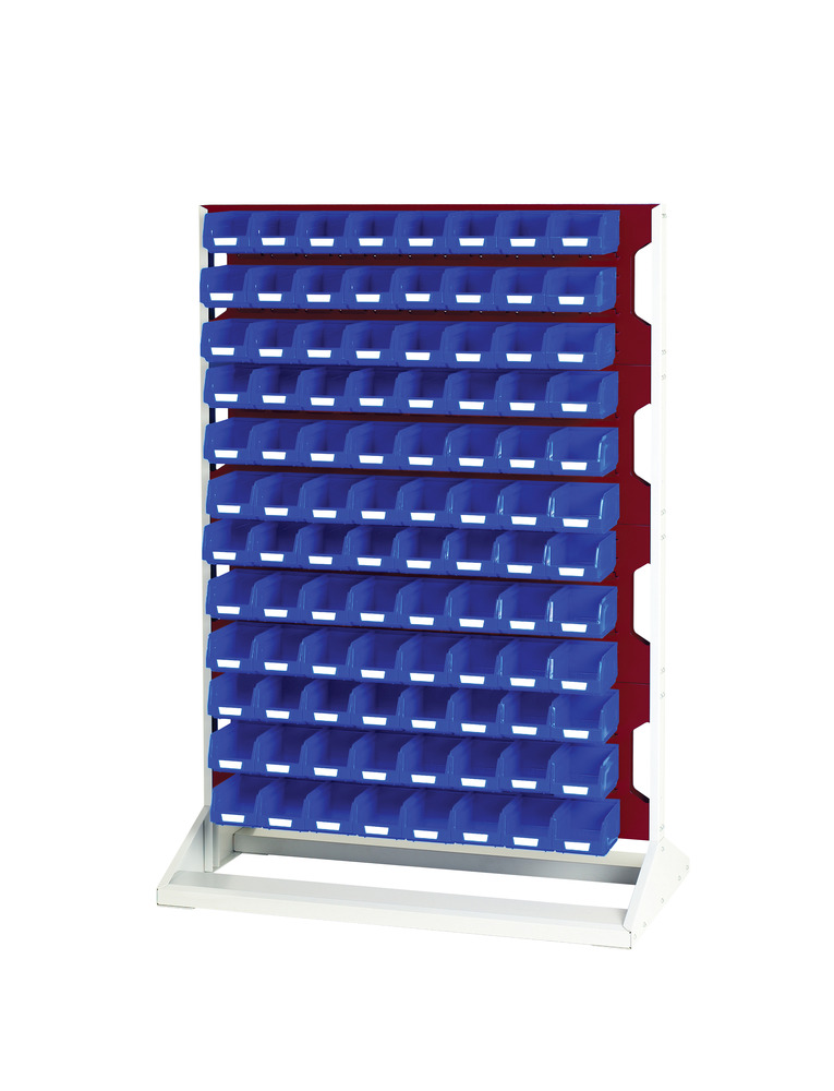 Rack à Bacs Fixe Simple Face & Bacs 4 Panneaux, 96 Bacs Bleu – 1000x550x1450 mm – RAL 7035/3004 - Image 1