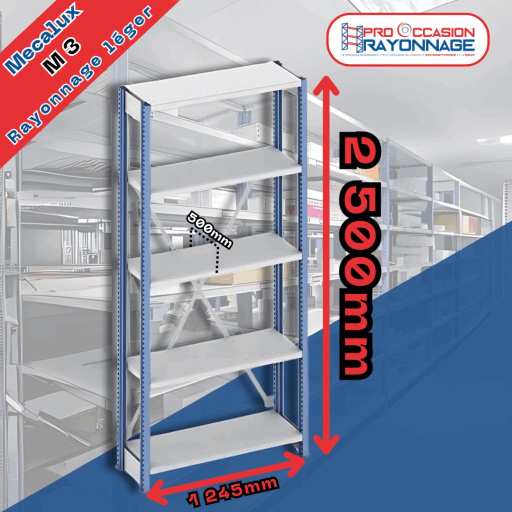 Rayonnage léger Mecalux M3 – Stockage modulable, 100 kg par niveau, 2500 mm de hauteur 1