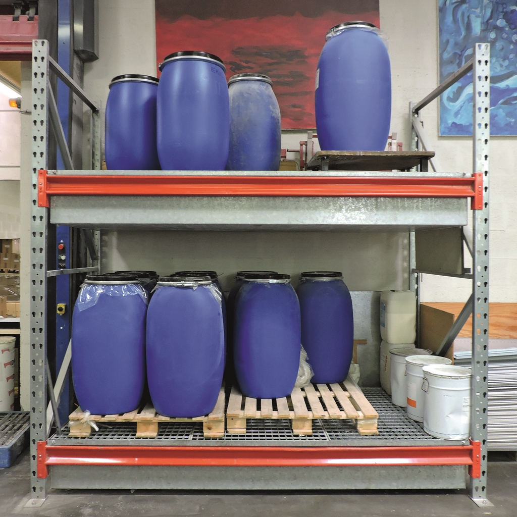 Rayonnage lourd avec lisses de 3600 mm de longueur TB1500D25U – 2 niveaux – 1500 L de rétention - Image 1