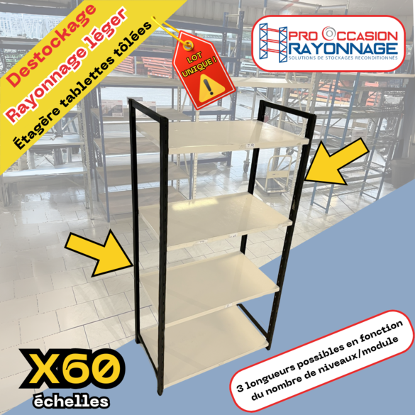 Rayonnage léger – Lot unique de 60 échelles et 100 niveaux tôlés – Capacité 150 kg par niveau – Dimensions 2000x970x600 mm - Image 3