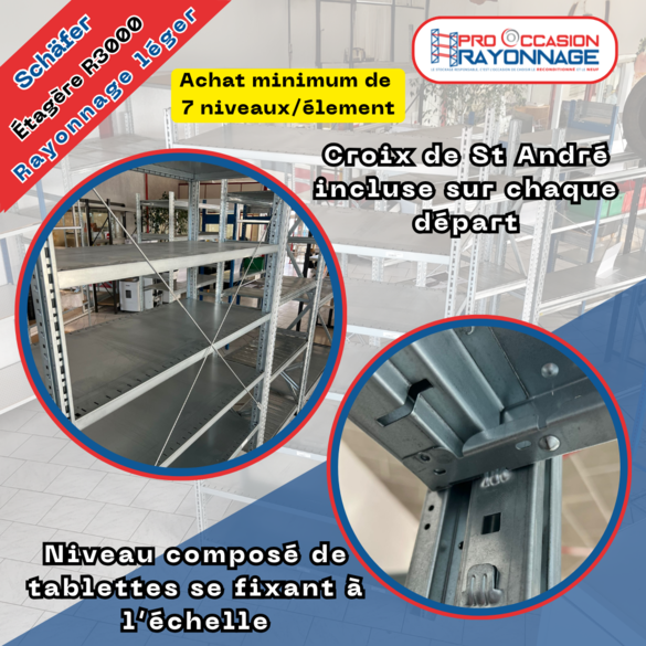 Étagère Schäfer R3000 galvanisée – Hauteur modulable 2500 ou 2970 mm, longueur 1300 mm, profondeur 600 mm, charge 150 kg/niveau 3