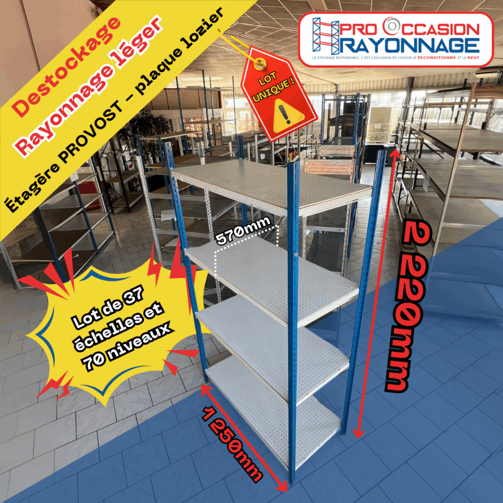 Lot rayonnage léger Provost d&rsquo;occasion – 74 montants + 70 niveaux en plaque Lozier – 2200 x 1250 x 570 mm 1
