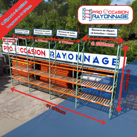 Rayonnage à palettes Manulab d&rsquo;occasion – Hauteur 5 500 mm, Longueur 11 175 mm, Profondeur 1 000 mm – 3 niveaux, capacité 2.4 t/niveau - Image 3