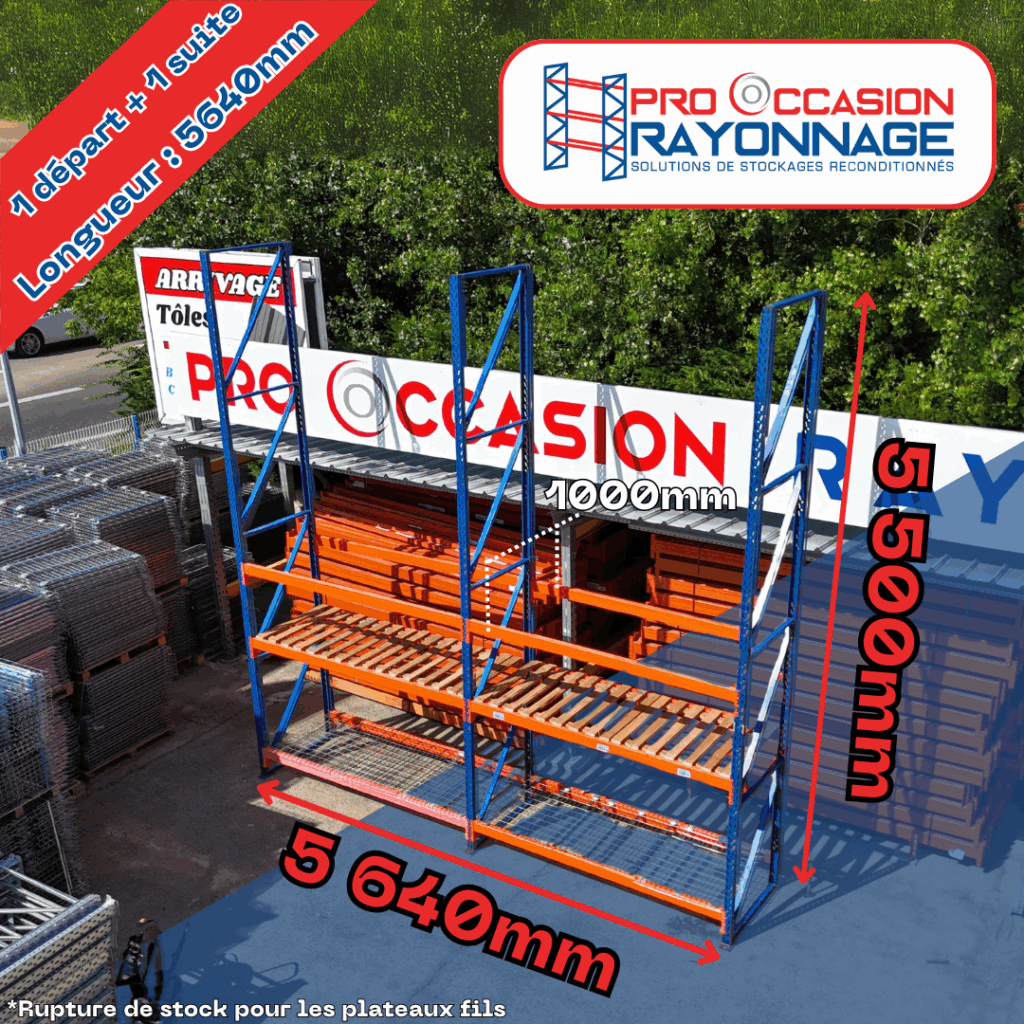 Rayosar – Rayonnage 1 départ + 1 suite – Hauteur 5 500 mm, Longueur totale 5 640 mm, Profondeur 1 000 mm 1