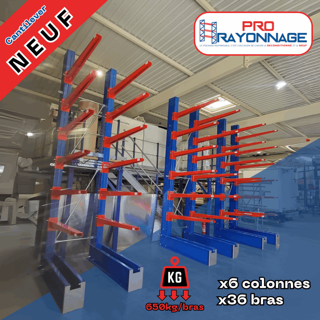 Rayonnage cantilever neuf – 6 colonnes de 4,5 m, 36 bras de 1,5 m, charge 650 kg/bras - Image 1