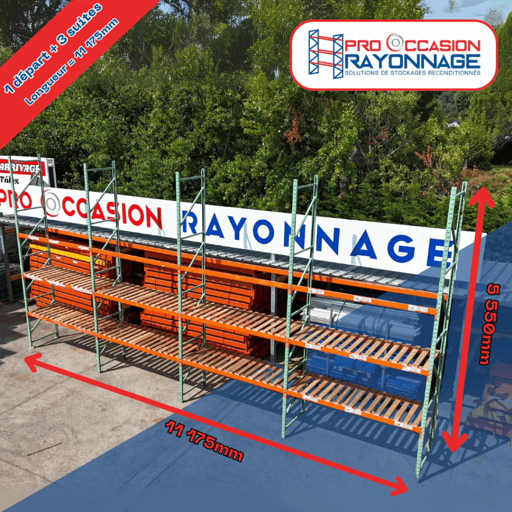 Rayonnage à palettes Manulab d&rsquo;occasion – Hauteur 5 500 mm, Longueur 11 175 mm, Profondeur 1 000 mm – 3 niveaux, capacité 2.4 t/niveau - Image 1