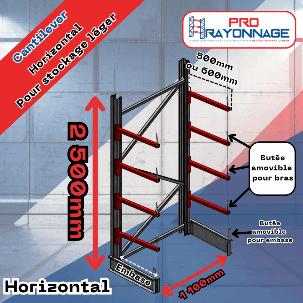 Cantilever léger – Rayonnage à bras modulable – Hauteur 2500 mm – Bras 500 mm (120 kg) ou 600 mm (100 kg) – NEUF - Image 1