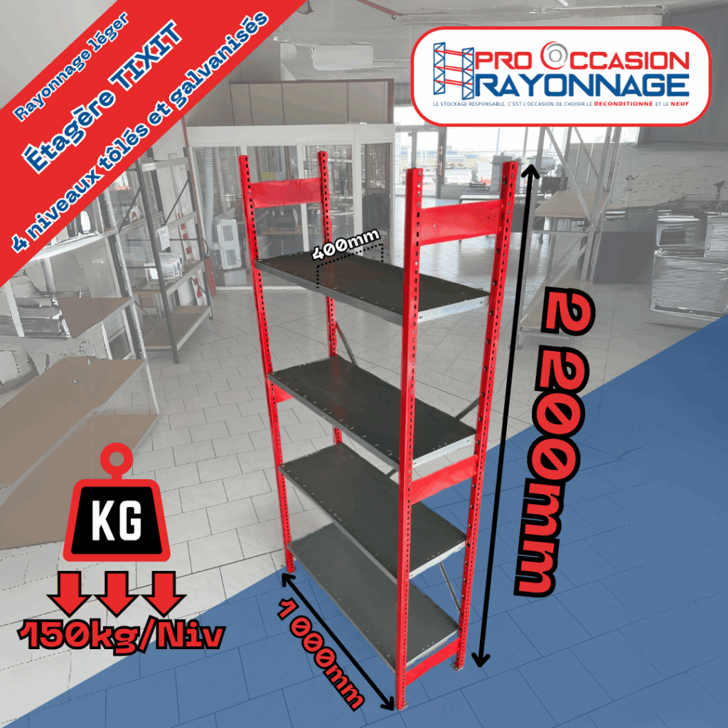 Étagère tôlée galvanisée TIXIT – Hauteur 2200 mm – Largeur 1000 mm – Profondeur 400 mm – 4 niveaux modulables - Image 1