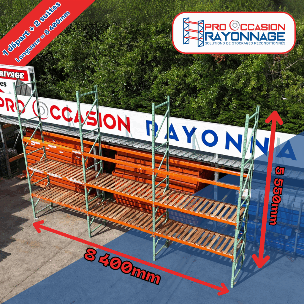 Rayonnage à palettes Manulab d&rsquo;occasion – Hauteur 5 500mm, Longueur 8 400mm, Profondeur 1 000mm – 3 niveaux, capacité 2.4 t/niveau - Image 1