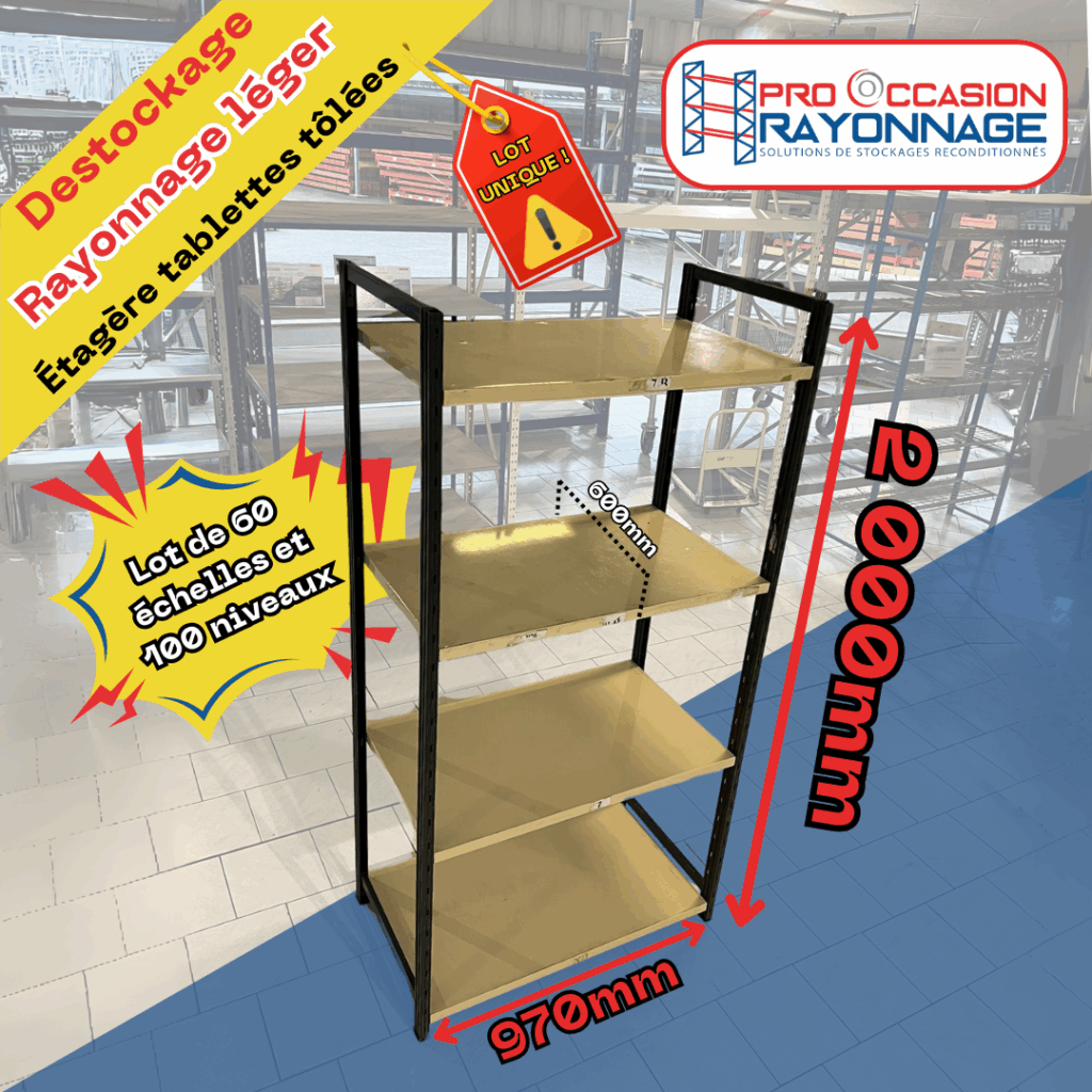 Rayonnage léger – Lot unique de 60 échelles et 100 niveaux tôlés – Capacité 150 kg par niveau – Dimensions 2000x970x600 mm - Image 1
