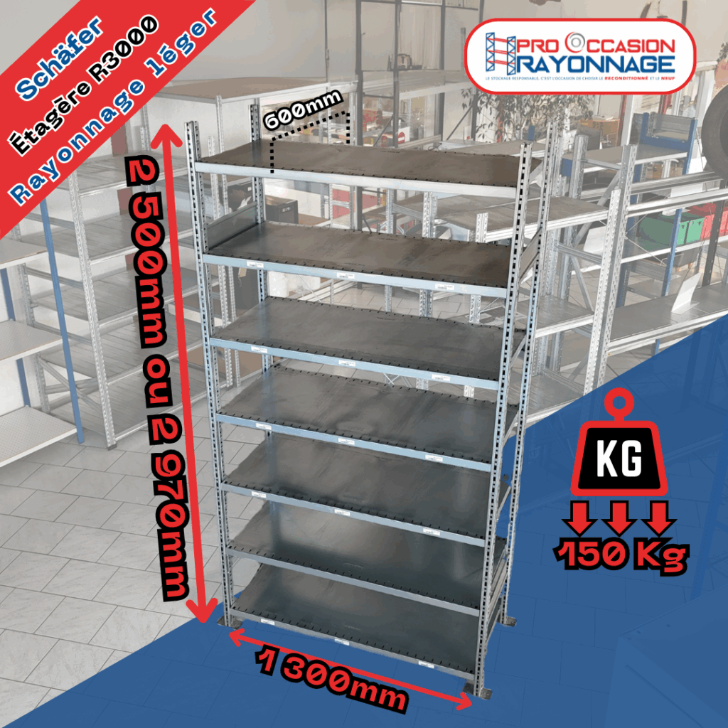 Étagère Schäfer R3000 galvanisée – Hauteur modulable 2500 ou 2970 mm, longueur 1300 mm, profondeur 600 mm, charge 150 kg/niveau 1
