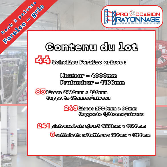 Rack à palette Feralco – Lot complet : 44 échelles, 331 lisses, 241 plateaux bois, 6 caillebotis - Image 4