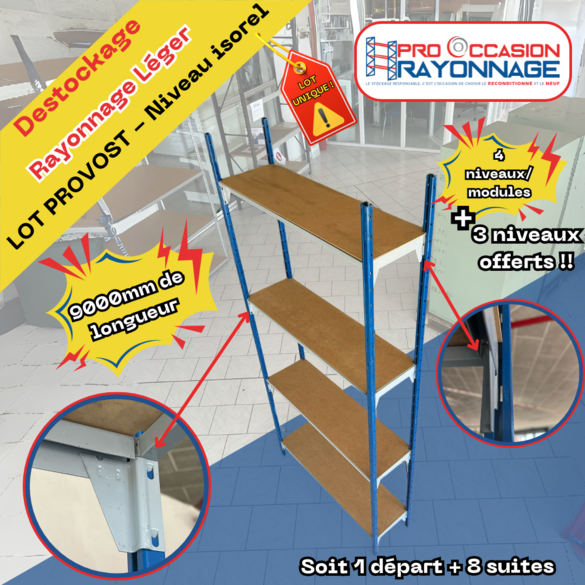 Lot d&rsquo;étagères PROVOST d&rsquo;occasion – Rayonnage avec plaques isorel – Longueur totale 9 m – Capacité 120 kg/niveau - Image 3