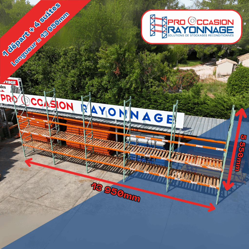 Rayonnage d&rsquo;occasion Manulab – Hauteur 5 500 mm, Longueur 13 950 mm, Profondeur 1 000 mm – 3 niveaux, capacité 2.4 t/niveau 1