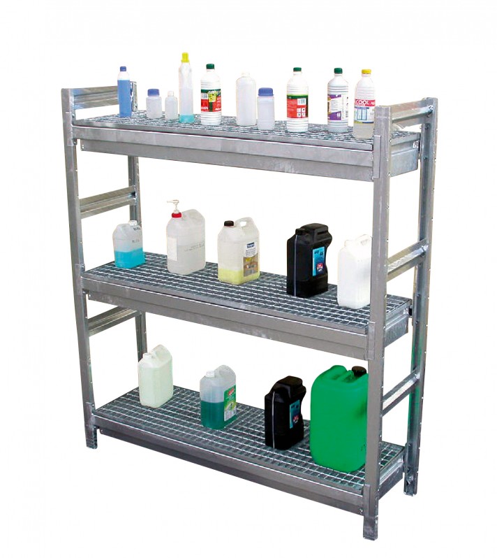 Rayonnage de rétention en acier galvanisé 320 kg – 3 niveaux de bacs de 100 L chacun - Image 1