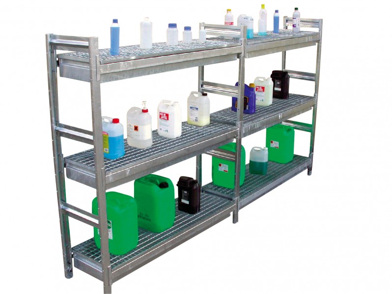 Rayonnage de rétention en acier galvanisé SUPPLÉMENTAIRE 320 kg – 3 niveaux de 100 L – 510 x 1500 mm - Image 1