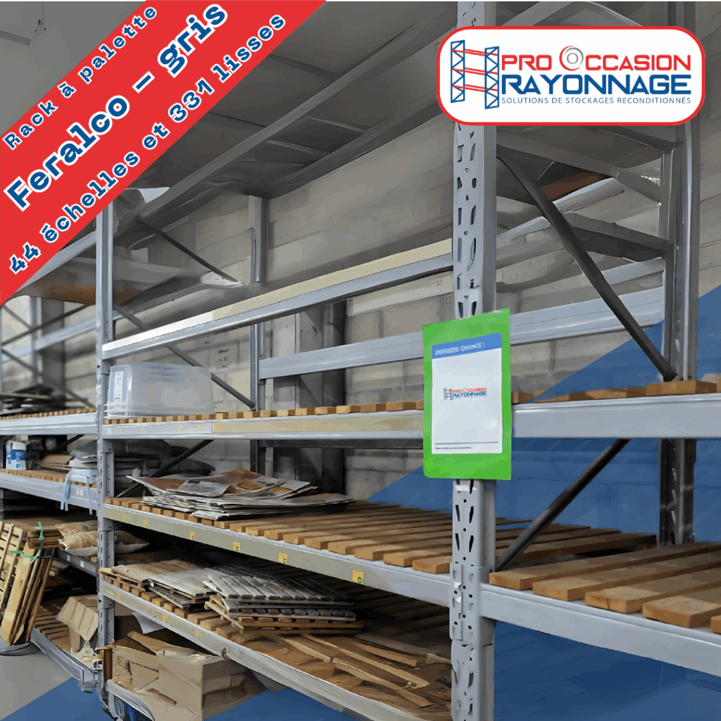 Rack à palette Feralco – Lot complet : 44 échelles, 331 lisses, 241 plateaux bois, 6 caillebotis - Image 1