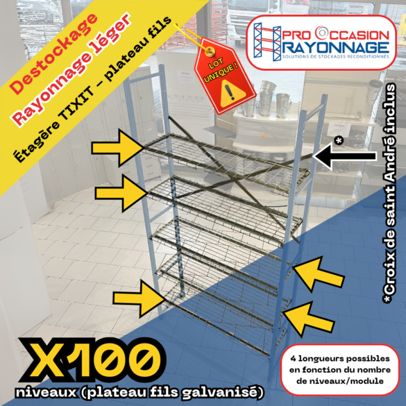 DESTOCKAGE Rayonnage léger TIXIT – 14 échelles bleu époxy et 100 niveaux galvanisés – Capacité 170 kg par niveau 4