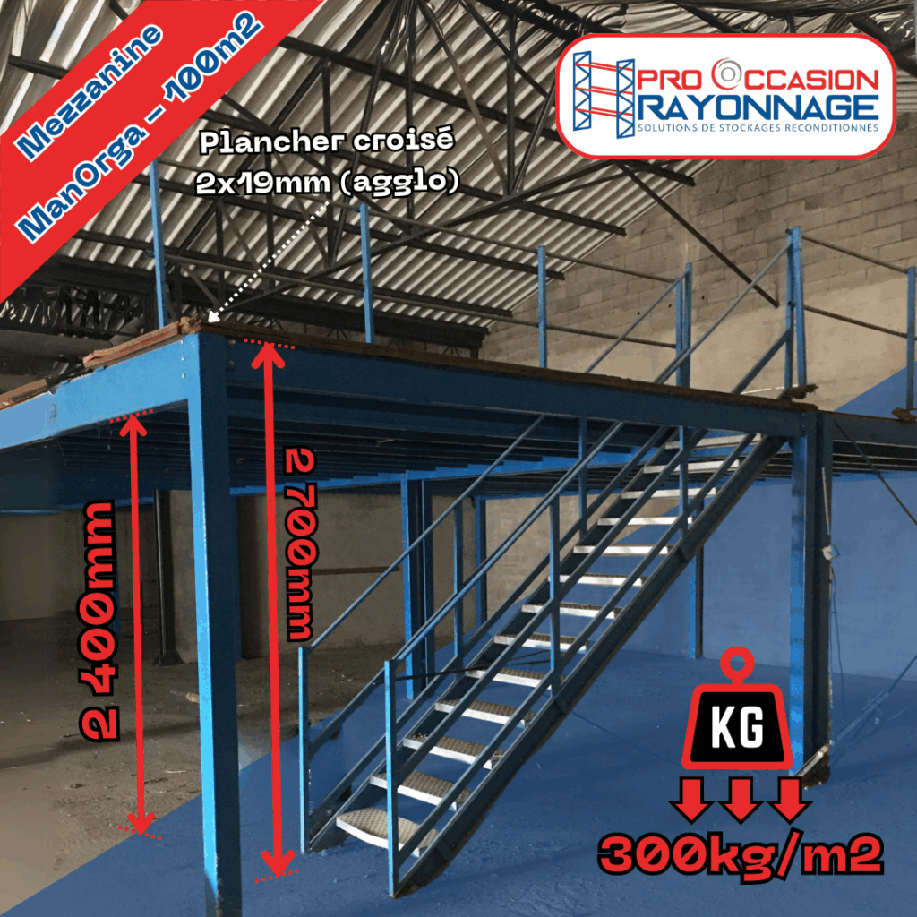 Mezzanine ManOrga 100 m² – Capacité 300 kg/m² – Plancher croisé 2x19mm – Hauteur 2,70m - Image 1