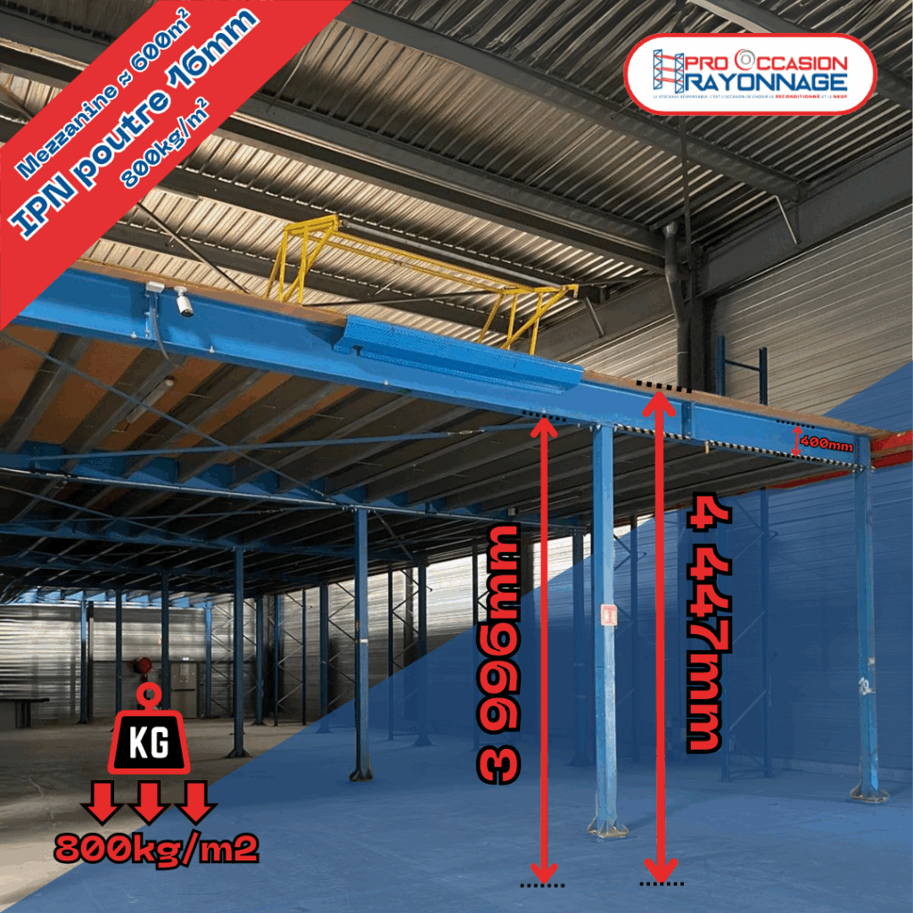 Mezzanine industrielle d&rsquo;occasion – 600 m² – Charge 800 kg/m² – Poutres IPN – Plancher aggloméré 1