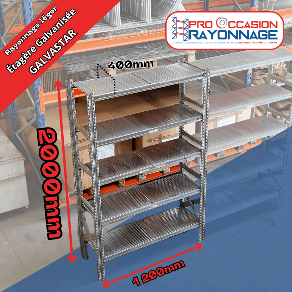 Étagère Galvastar galvanisée reconditionnée – 5 niveaux minimum – 180 kg/niveau – 2000x1200x400 mm - Image 1