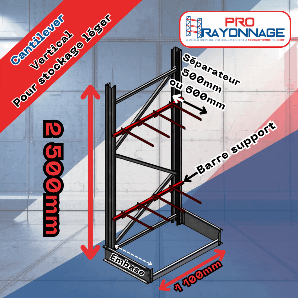 Cantilever léger pour stockage vertical – configuration sur mesure – hauteur 2500 mm, largeur 1100 mm [NEUF] - Image 1