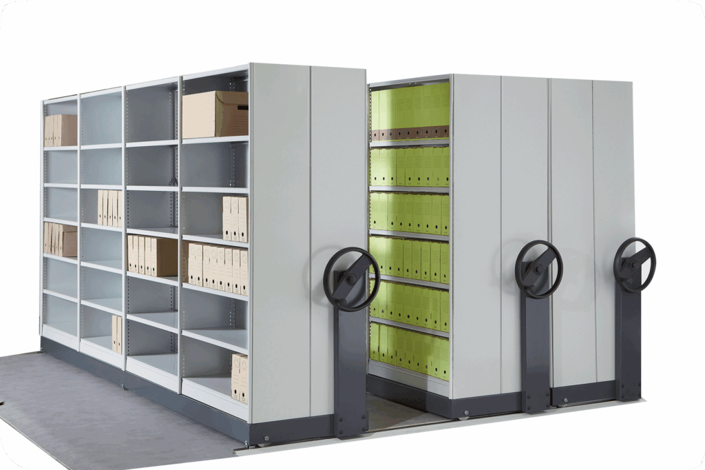 Rayonnage mobile ASTOR – optimisation de l&rsquo;espace, chariots mécanosoudés, démultiplication simple, double ou à crémaillère - Image 1