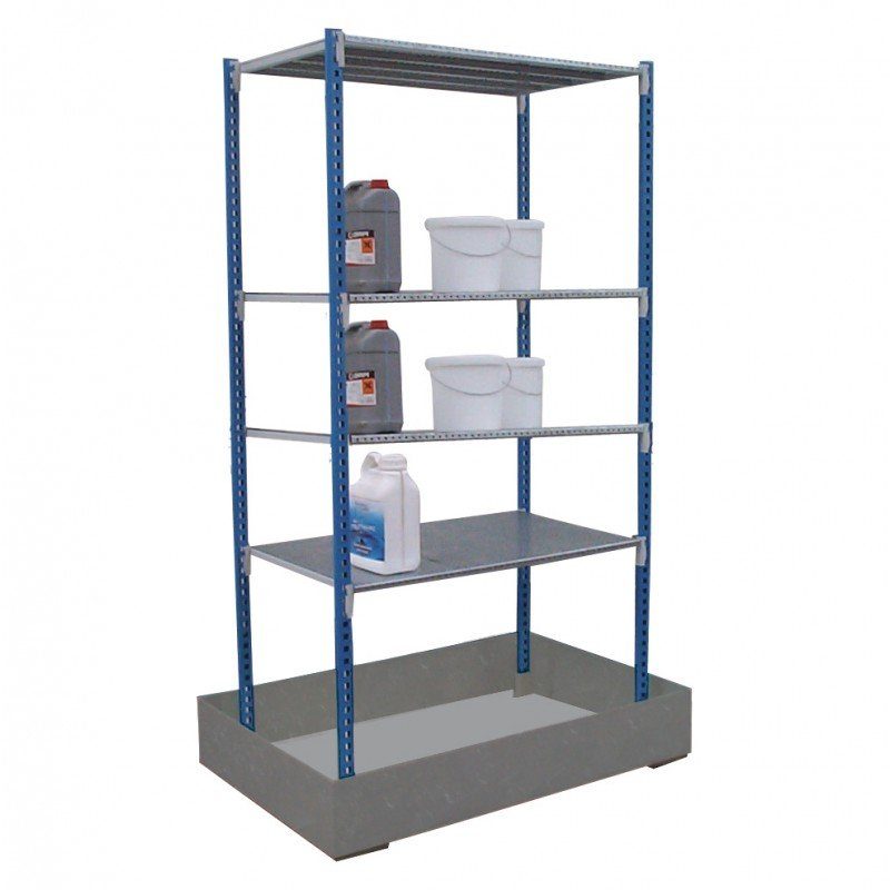 Rayonnage léger pour produits polluants 1 travée avec rétention au sol – gris et bleu – Medisel - Image 1