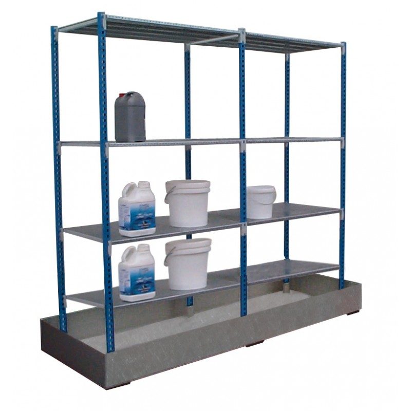 Rayonnage 2 travées pour stockage de produits dangereux avec bac rétention au sol – gris et bleu - Image 1