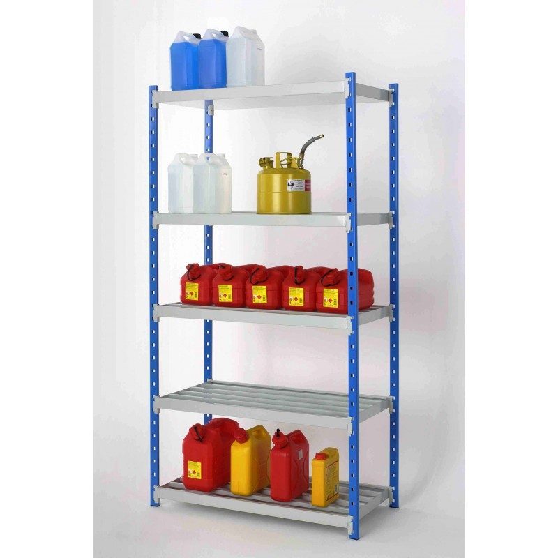Rayonnage léger pour produits dangereux avec rétention par étagère – 400mm de profondeur, gris et bleu - Image 4