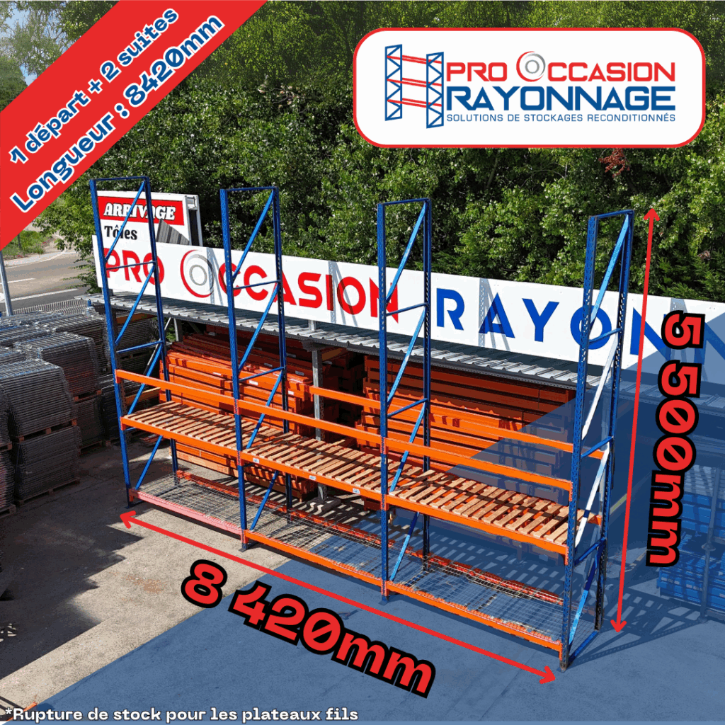 Rayosar – Rayonnage industriel 1 départ + 2 suites – Hauteur 5 500 mm, Longueur 8 420 mm, Profondeur 1 000 mm 1