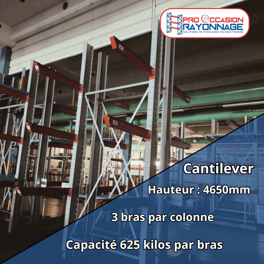 Rayonnage Cantilever occasion – colonnes 4650 mm, bras 1150 mm, capacité 625 kg par bras - Image 1