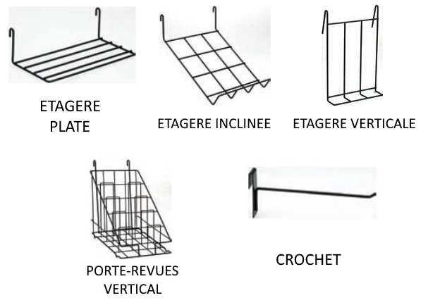 Accessoires pour grille d&rsquo;exposition PS880 – Étagères, porte-revues, corbeille et crochets - Image 1
