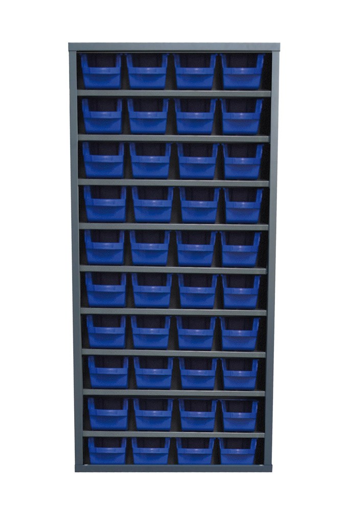 Armoire bacs plastique rouge ou bleu – 760 x 260 x 1600 mm – 40 bacs de 4 litres – Réf GR-0970N0060 - Image 1