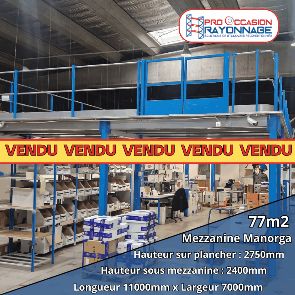 Mezzanine ManOrga – Superficie 77 m² – Capacité 450kg/m² – Escalier 45° – Garde-corps 28m 1