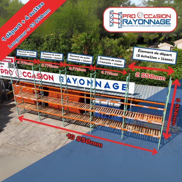 Rayonnage d&rsquo;occasion Manulab – Hauteur 5 500 mm, Longueur 13 950 mm, Profondeur 1 000 mm – 3 niveaux, capacité 2.4 t/niveau 3