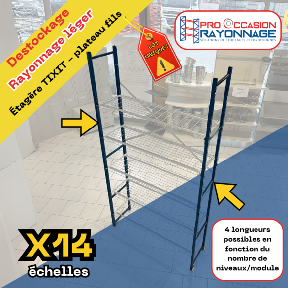DESTOCKAGE Rayonnage léger TIXIT – 14 échelles bleu époxy et 100 niveaux galvanisés – Capacité 170 kg par niveau 3