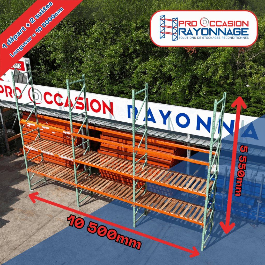 Rayonnage d&rsquo;occasion Manulab – Hauteur 5 500 mm, Longueur 10 500 mm, Profondeur 1 000 mm – 3 niveaux, capacité 2.4 t/niveau - Image 1