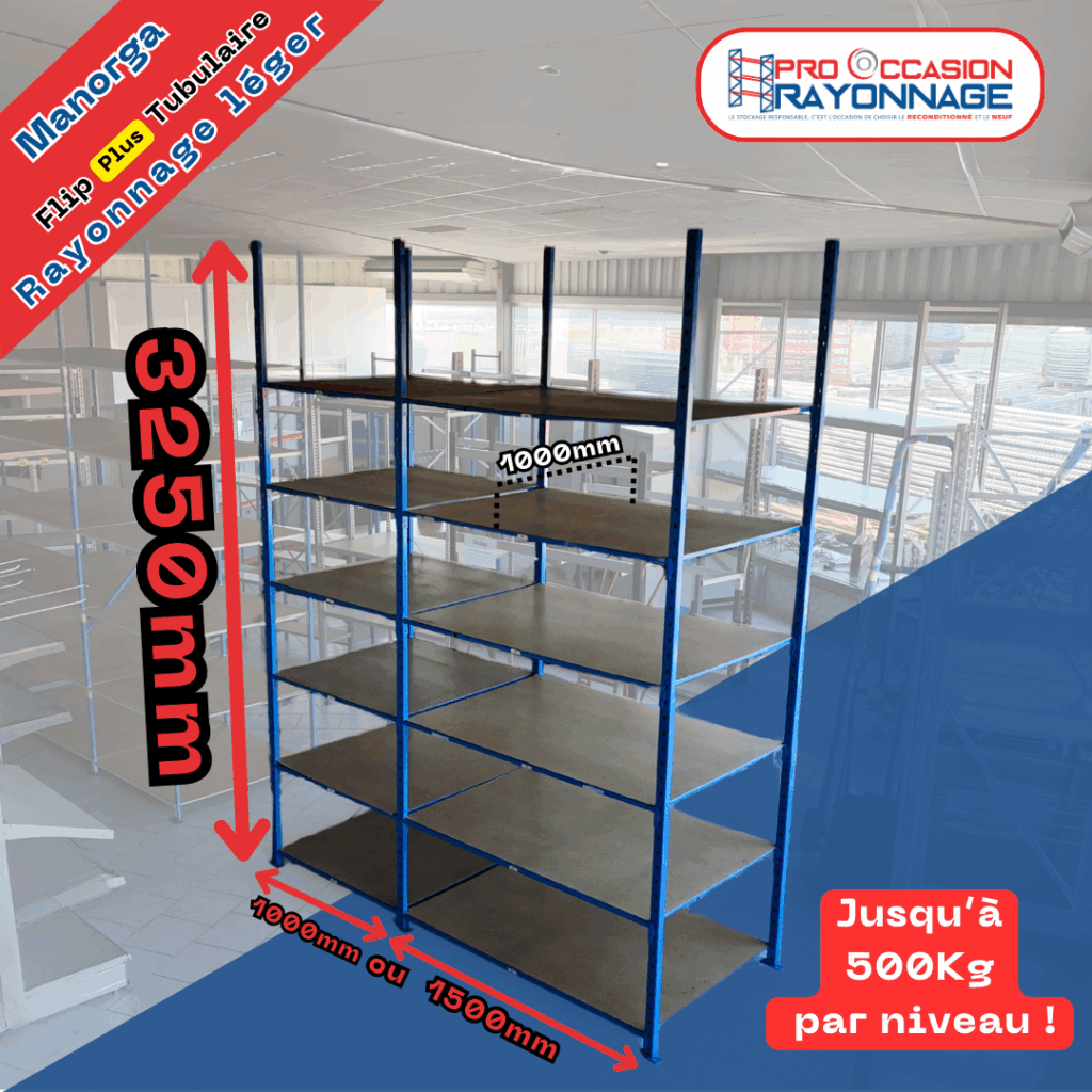 Rayonnage tubulaire Fliplus Manorga H3250 reconditionné – 2 longueurs 1000mm et 1500mm – Tablettes isorel incluses - Image 1
