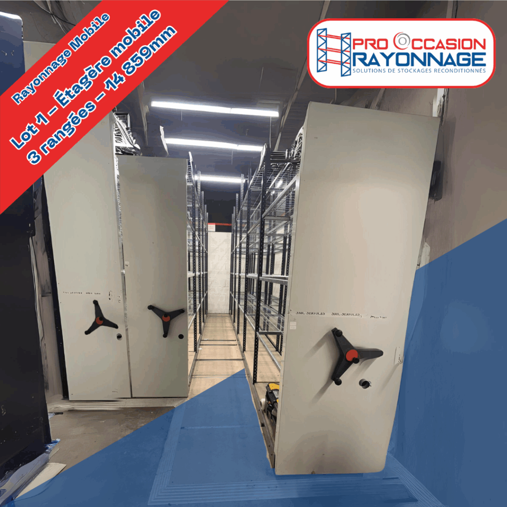 Lot 1 – Étagère mobile – 3 rangées – 14 859 mm de longueur totale – 600 mm de profondeur – 5 niveaux par meuble - Image 1