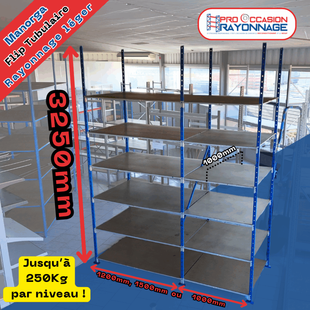 Rayonnage tubulaire Flip Manorga H3250 reconditionné – longueur sur mesure 1000 à 1500 mm, charge 250 kg/niveau, tablettes isorel incluses 1