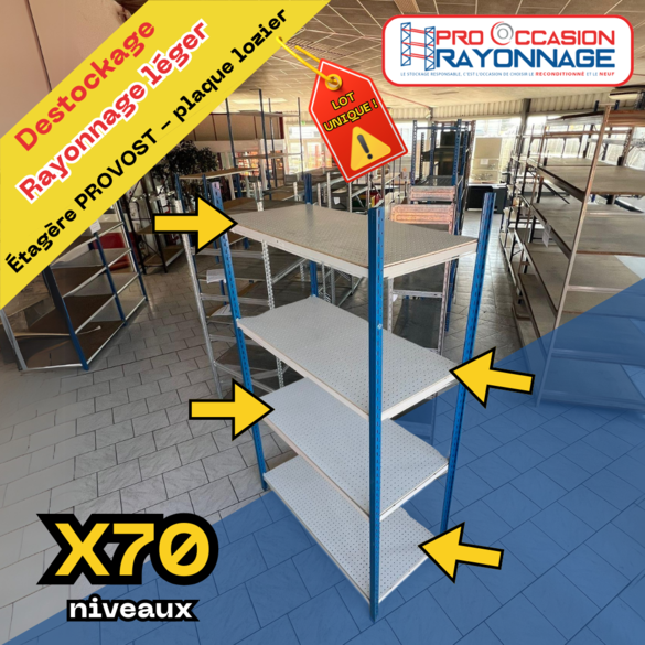 Lot rayonnage léger Provost d&rsquo;occasion – 74 montants + 70 niveaux en plaque Lozier – 2200 x 1250 x 570 mm 4