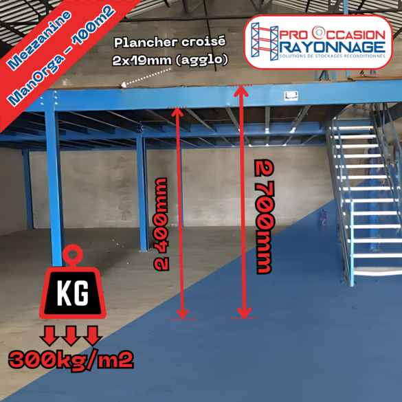 Mezzanine ManOrga 100 m² – Capacité 300 kg/m² – Plancher croisé 2x19mm – Hauteur 2,70m - Image 3