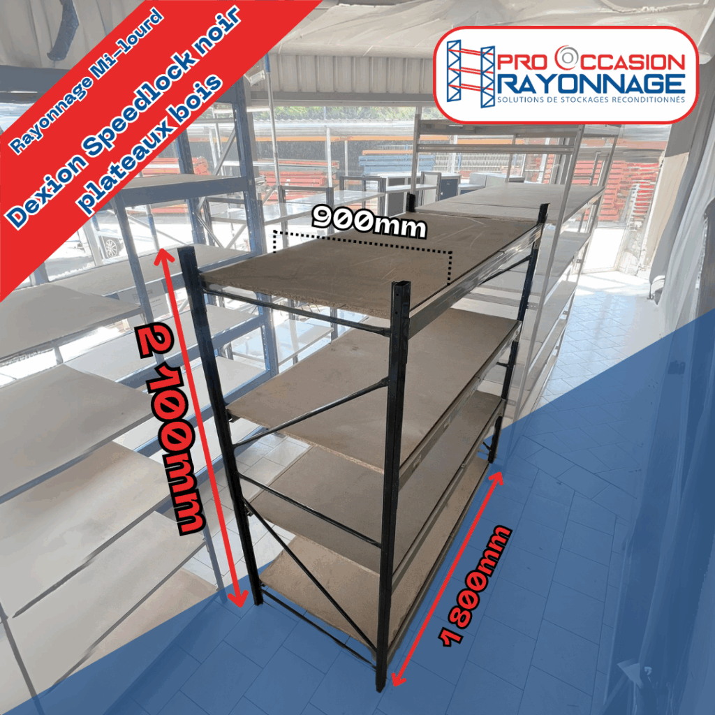 Rayonnage mi-lourd Dexion Speedlock – Noir – 2100mm Hauteur, 1800mm Longueur, 900mm Profondeur – 4 niveaux, 700kg par niveau - Image 1