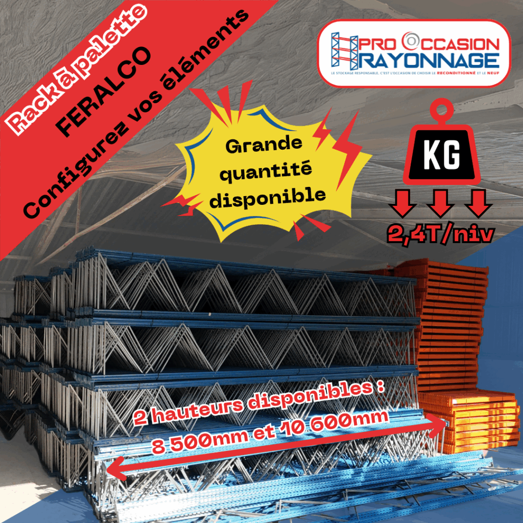Rack à palettes FERALCO sur mesure – Échelles 8500 mm ou 10600 mm, niveaux supportant 2,4 tonnes et 3 palettes Europe - Image 1