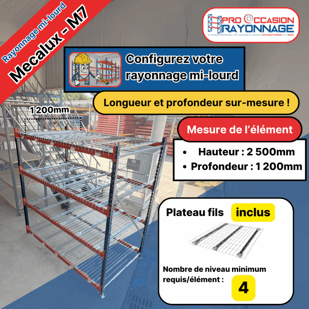 Rayonnage mi-lourd M7 Mecalux – Plateau fils galvanisé – Hauteur 2500 mm – Profondeur 1200 mm – Longueur configurable - Image 1