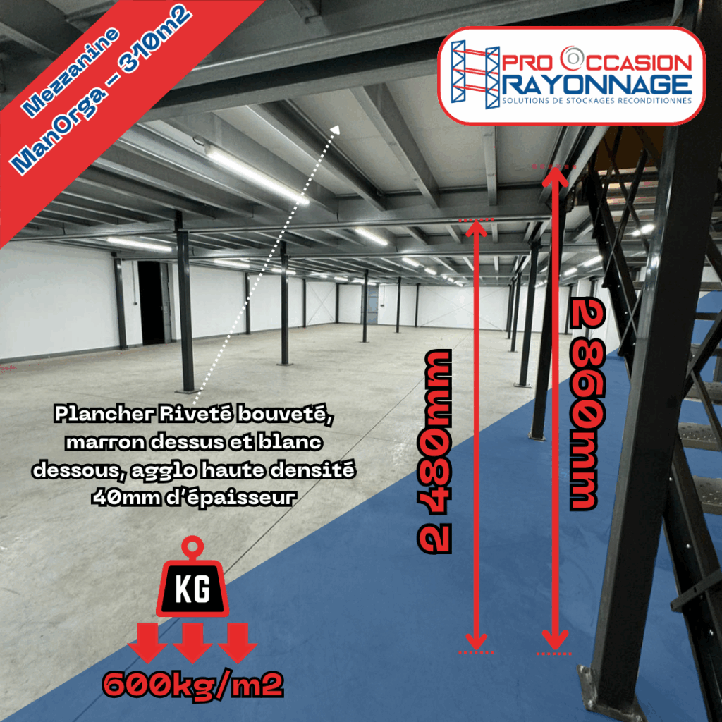 Mezzanine industrielle ManOrga d&rsquo;occasion – 310 m² – charge 600 kg/m² – plancher agglo haute densité - Image 1