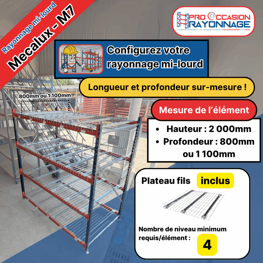 Rayonnage mi-lourd M7 Mecalux – plateaux fils galvanisés – Hauteur 2000 mm – À configurer - Image 1