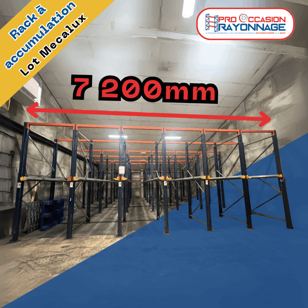 Lot de racks à accumulation MECALUX – 6 allées (20 palettes par allée) pour palettes Europe 1200×800 mm – Occasion - Image 1